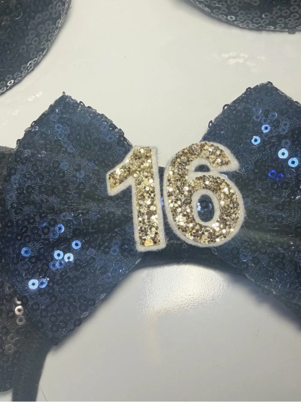 Set of 3 Sequined Black Minnie Ears Headband 1 with Navy Bow & Gold '16' Accent - Picture 2 of 10